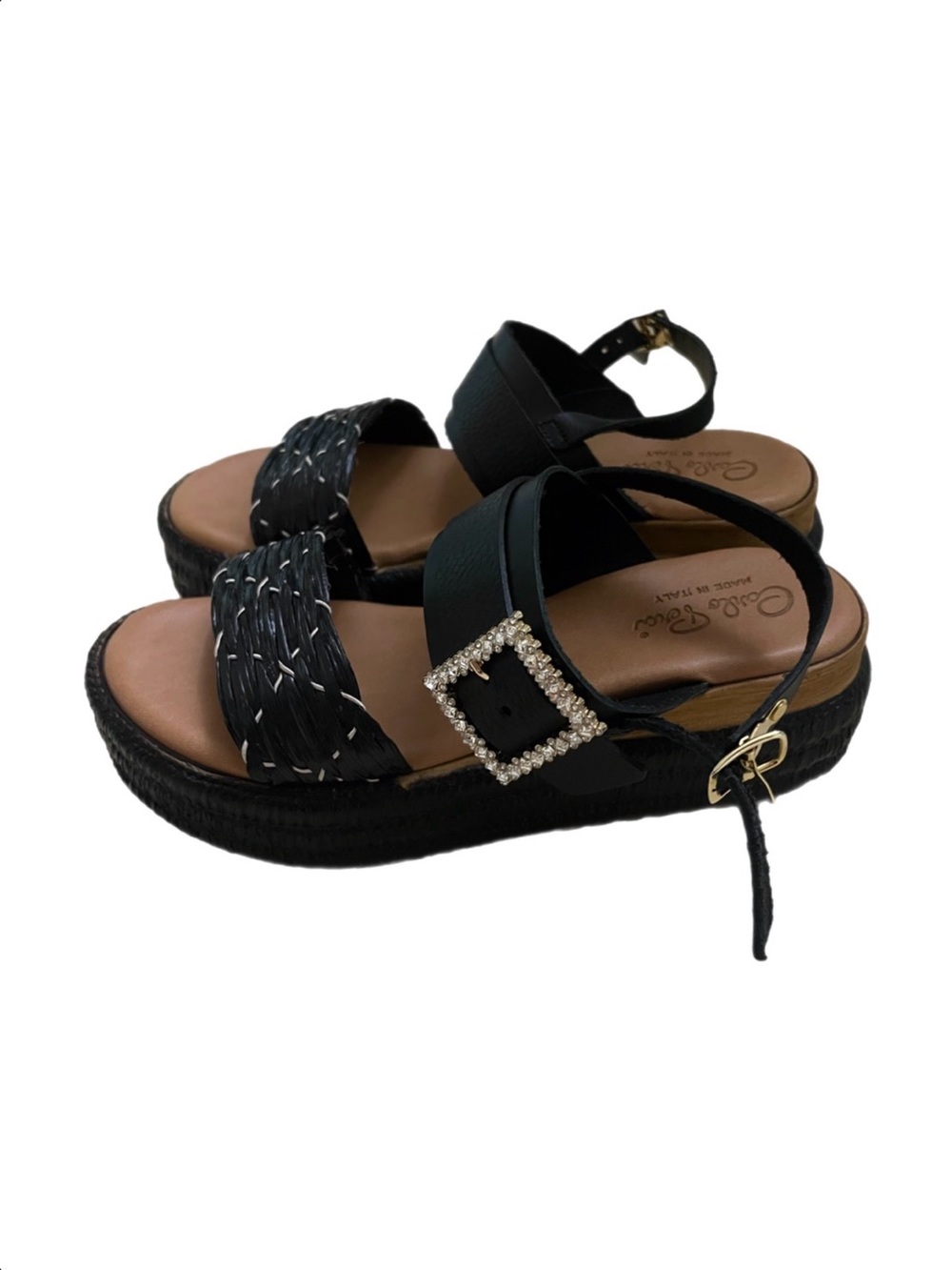NWT 8.5 Carlo Pera Black Woven Platform Sandals Shoes Embellished Buckle Summer